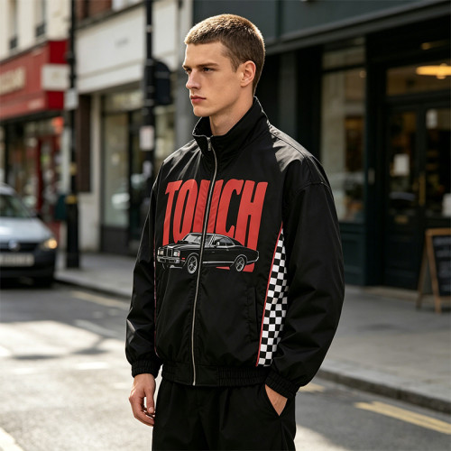 Patchwork Screen Print Vintage Racing Jacket | Touch Dark Black Checkerboard Sleeve | OEM Streetwear