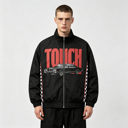 Patchwork Screen Print Vintage Racing Jacket | Touch Dark Black Checkerboard Sleeve | OEM Streetwear