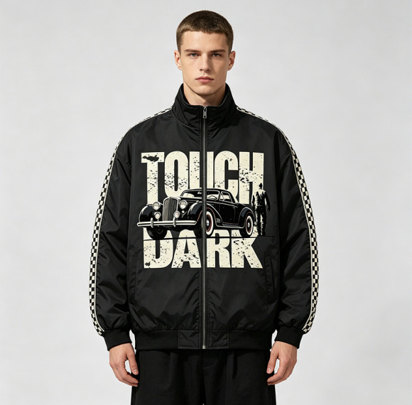 Checkerboard Stripe Patchwork Screen Print Jacket | Vintage Racing Jacket  | Custom Streetwear Manufacturer