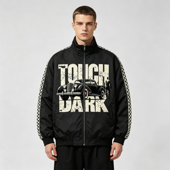 Checkerboard Stripe Patchwork Screen Print Jacket | Vintage Racing Jacket  | Custom Streetwear Manufacturer