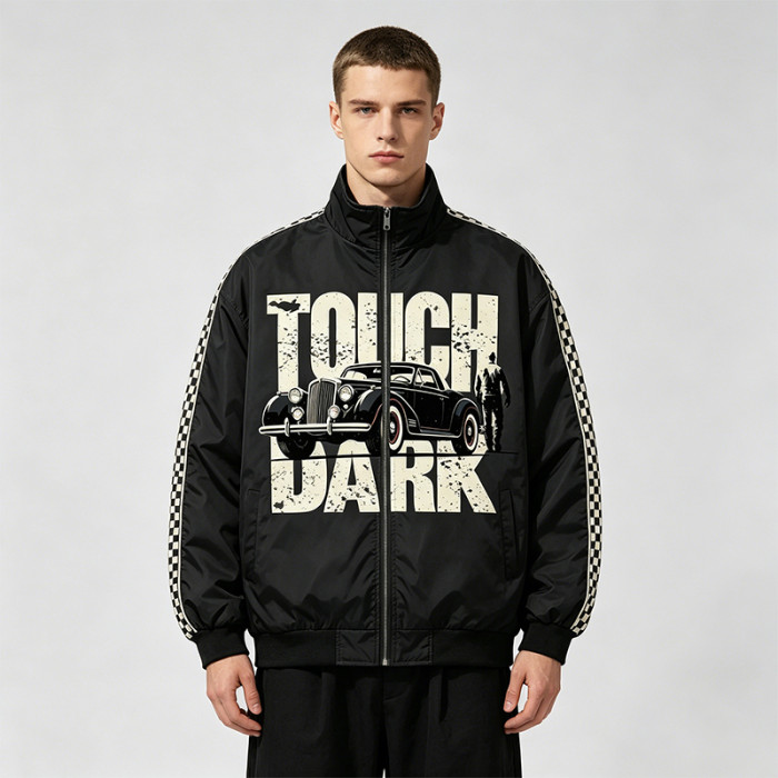 Checkerboard Stripe Patchwork Screen Print Jacket | Vintage Racing Jacket  | Custom Streetwear Manufacturer