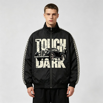 Checkerboard Stripe Patchwork Screen Print Jacket | Vintage Racing Jacket | Custom Streetwear Manufacturer