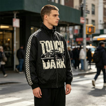 Checkerboard Stripe Patchwork Screen Print Jacket | Vintage Racing Jacket  | Custom Streetwear Manufacturer