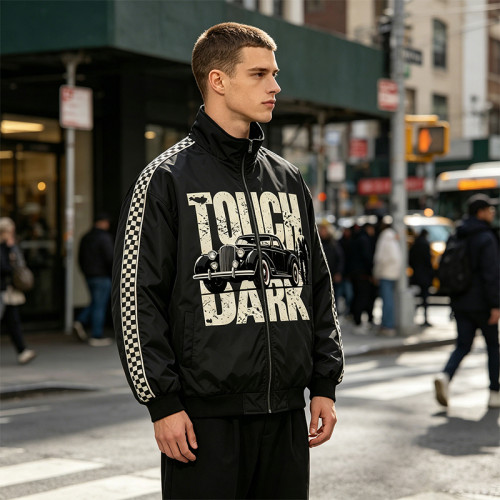 Checkerboard Stripe Patchwork Screen Print Jacket | Vintage Racing Jacket | Custom Streetwear Manufacturer