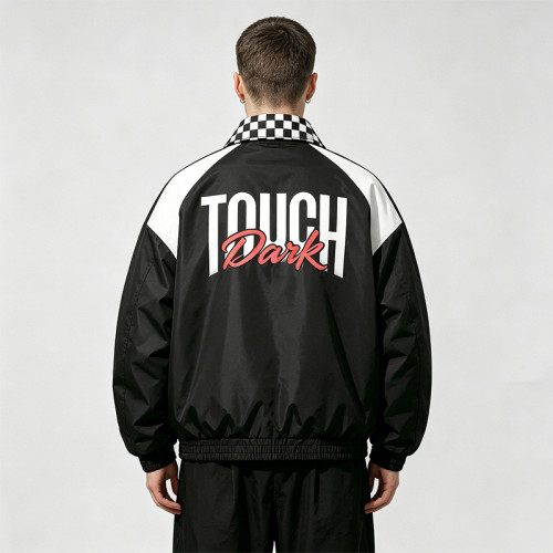 DTG and Screen Print Patchwork Vintage Racing Jacket | Checkerboard Race Car Graphic Jacket | OEM Streetwear