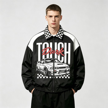 DTG and Screen Print Patchwork Vintage Racing Jacket | Checkerboard Race Car Graphic Jacket | OEM Streetwear