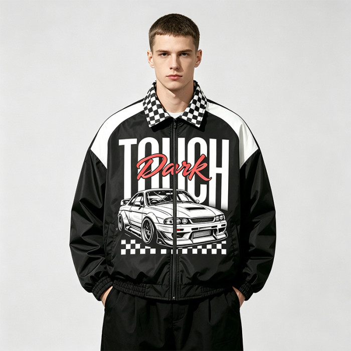 DTG and Screen Print Patchwork Vintage Racing Jacket | Checkerboard Race Car Graphic Jacket | OEM Streetwear