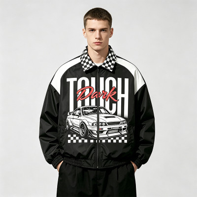 DTG and Screen Print Patchwork Vintage Racing Jacket | Checkerboard Race Car Graphic Jacket | OEM Streetwear