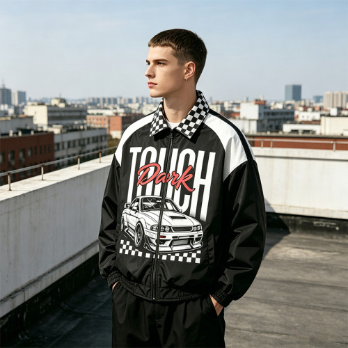 DTG and Screen Print Patchwork Vintage Racing Jacket | Checkerboard Race Car Graphic Jacket | OEM Streetwear