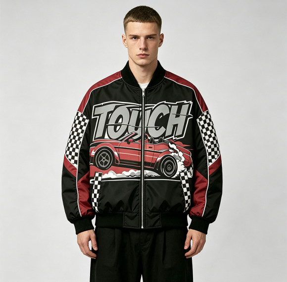 DTG Print Patchwork Screen Print Biker Jacket | Vintage Racing Jacket | Custom Streetwear Manufacturer