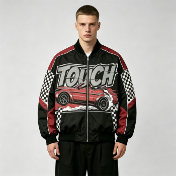 DTG Print Patchwork Screen Print Biker Jacket | Vintage Racing Jacket | Custom Streetwear Manufacturer