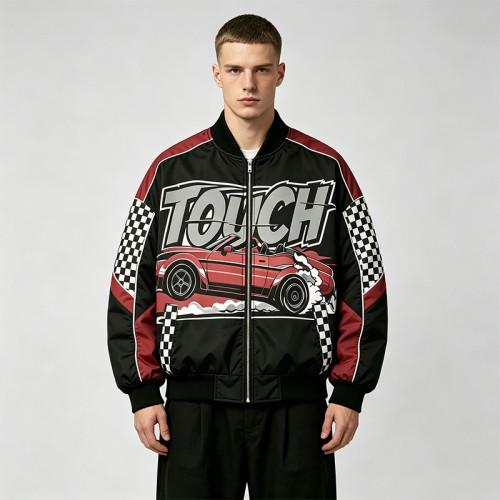 DTG Print Patchwork Screen Print Biker Jacket | Vintage Racing Jacket | Custom Streetwear Manufacturer