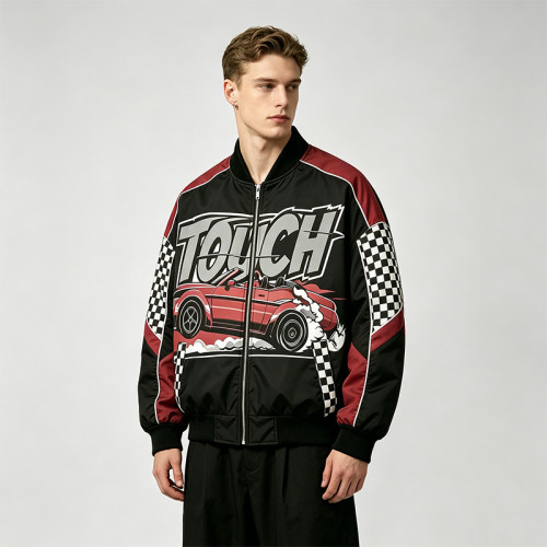 DTG Print Patchwork Screen Print Biker Jacket | Vintage Racing Jacket | Custom Streetwear Manufacturer