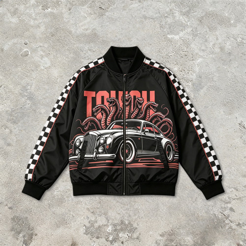 Screen and DTG Print Patchwork Snake Car Racing Jacket | Checkerboard Sleeve Vintage Jacket | OEM Streetwear