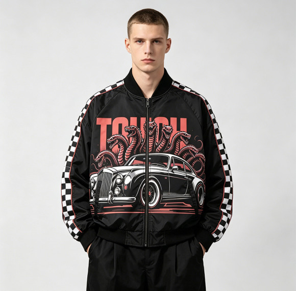 Screen and DTG Print Patchwork Snake Car Racing Jacket | Checkerboard Sleeve Vintage Jacket | OEM Streetwear
