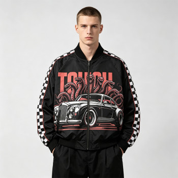 Screen and DTG Print Patchwork Snake Car Racing Jacket | Checkerboard Sleeve Vintage Jacket | OEM Streetwear