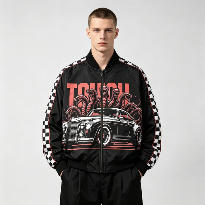 Screen and DTG Print Patchwork Snake Car Racing Jacket | Checkerboard Sleeve Vintage Jacket | OEM Streetwear