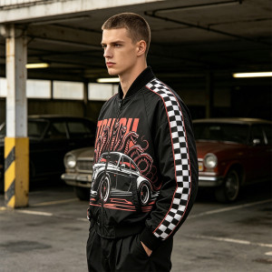 Screen and DTG Print Patchwork Snake Car Racing Jacket | Checkerboard Sleeve Vintage Jacket | OEM Streetwear