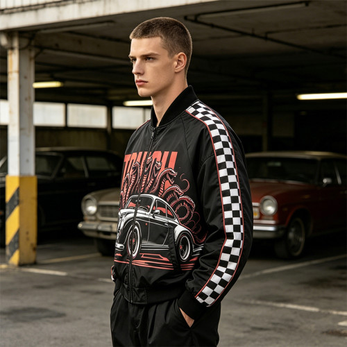 Screen and DTG Print Patchwork Snake Car Racing Jacket | Checkerboard Sleeve Vintage Jacket | OEM Streetwear