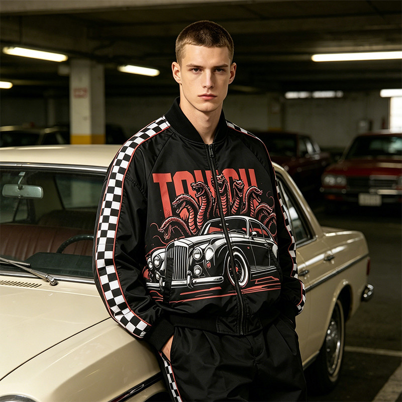 Screen and DTG Print Patchwork Snake Car Racing Jacket