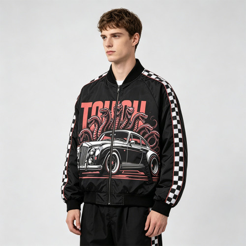 Screen and DTG Print Patchwork Snake Car Racing Jacket | Checkerboard Sleeve Vintage Jacket | OEM Streetwear
