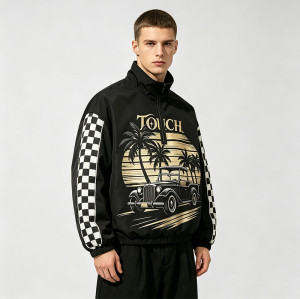 Screen and DTG Print Patchwork Jacket | Vintage Racing Car Hooded Windbreaker | Checkerboard sleeve | Custom Streetwear Manufacturer