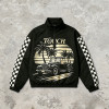 Screen and DTG Print Patchwork Jacket | Vintage Racing Car Hooded Windbreaker | Checkerboard sleeve | Custom Streetwear Manufacturer