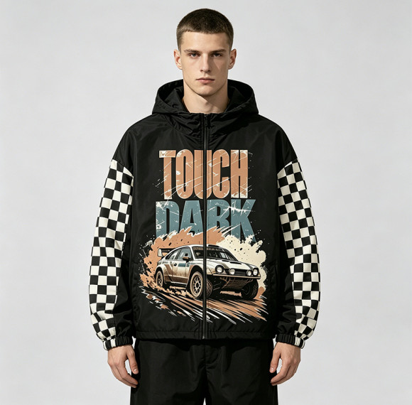 Screen and DTG Print Patchwork Jacket | Vintage Racing Car Hooded Windbreaker | Checkerboard sleeve | Custom Streetwear Manufacturer