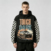 Screen and DTG Print Patchwork Jacket | Vintage Racing Car Hooded Windbreaker | Checkerboard sleeve | Custom Streetwear Manufacturer