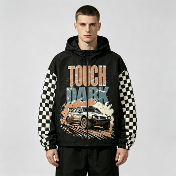 Screen and DTG Print Patchwork Jacket | Vintage Racing Car Hooded Windbreaker | Checkerboard sleeve | Custom Streetwear Manufacturer