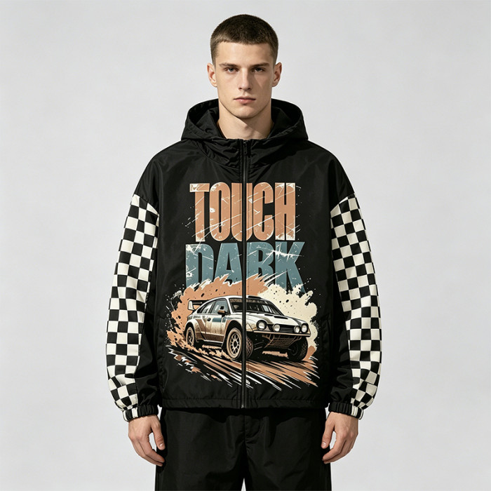 Screen and DTG Print Patchwork Jacket | Vintage Racing Car Hooded Windbreaker | Checkerboard sleeve | Custom Streetwear Manufacturer