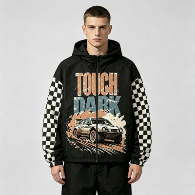 Screen and DTG Print Patchwork Jacket | Vintage Racing Car Hooded Windbreaker | Checkerboard sleeve | Custom Streetwear Manufacturer