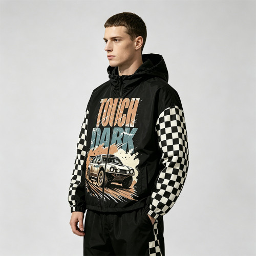 Screen and DTG Print Patchwork Jacket | Vintage Racing Car Hooded Windbreaker | Checkerboard sleeve | Custom Streetwear Manufacturer