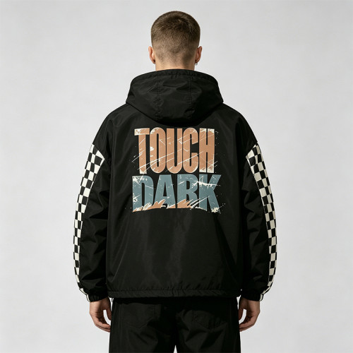 Screen and DTG Print Patchwork Jacket | Vintage Racing Car Hooded Windbreaker | Checkerboard sleeve | Custom Streetwear Manufacturer