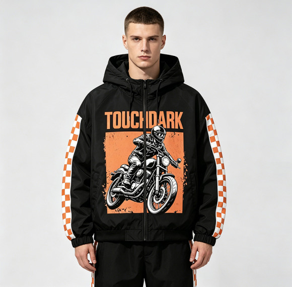 Screen and DTG Print Patchwork Jacket | Hooded Windbreaker | Checker Sleeve Streetwear | OEM Streetwear