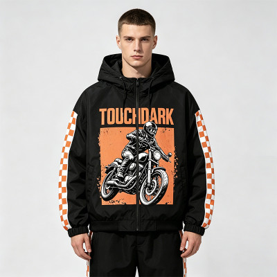 Screen and DTG Print Patchwork Jacket | Hooded Windbreaker | Checker Sleeve Streetwear | OEM Streetwear