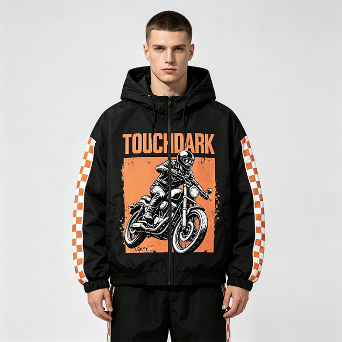 Screen and DTG Print Patchwork Jacket | Hooded Windbreaker | Checker Sleeve Streetwear | OEM Streetwear
