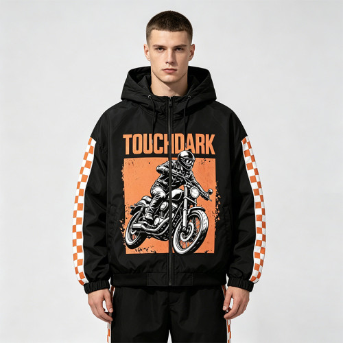 Screen and DTG Print Patchwork Jacket | Hooded Windbreaker | Checker Sleeve Streetwear | OEM Streetwear