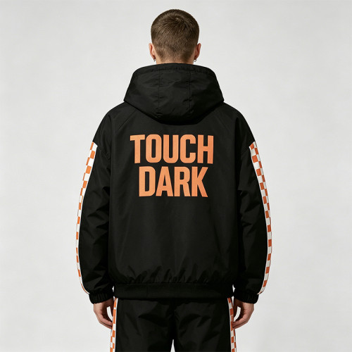Screen and DTG Print Patchwork Jacket | Hooded Windbreaker | Checker Sleeve Streetwear | OEM Streetwear
