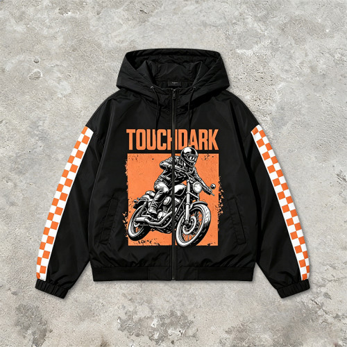 Screen and DTG Print Patchwork Jacket | Hooded Windbreaker | Checker Sleeve Streetwear | OEM Streetwear