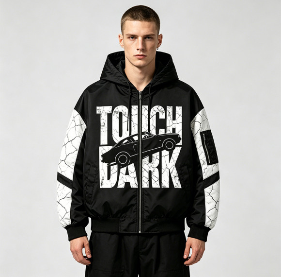 Screen Print Color Block Patchwork Jacket | Vintage Racing Hooded Jacket | Crack Print Street Windbreaker | OEM Streetwear