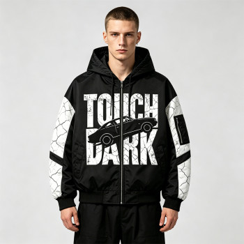 Screen Print Color Block Patchwork Jacket | Vintage Racing Hooded Jacket | Crack Print Street Windbreaker | OEM Streetwear