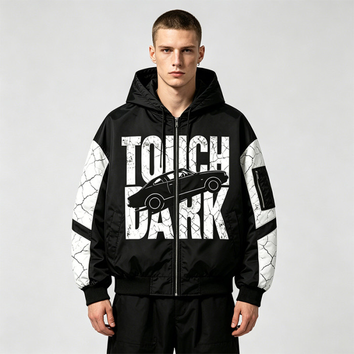 Screen Print Color Block Patchwork Jacket | Vintage Racing Hooded Jacket | Crack Print Street Windbreaker | OEM Streetwear