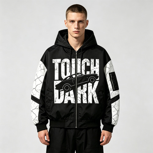 Screen Print Color Block Patchwork Jacket | Vintage Racing Hooded Jacket | Crack Print Street Windbreaker | OEM Streetwear