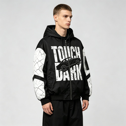 Screen Print Color Block Patchwork Jacket | Vintage Racing Hooded Jacket | Crack Print Street Windbreaker | OEM Streetwear