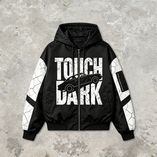 Screen Print Color Block Patchwork Jacket | Vintage Racing Hooded Jacket | Crack Print Street Windbreaker | OEM Streetwear