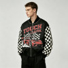 Patchwork Screen Print Applique with Rivet Jacket | Vintage Racing Jacket | Checkered Sleeve | Clothing Manufacturer
