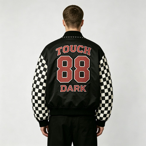 Patchwork Screen Print Applique with Rivet Jacket | Vintage Racing Jacket | Checkered Sleeve | Clothing Manufacturer