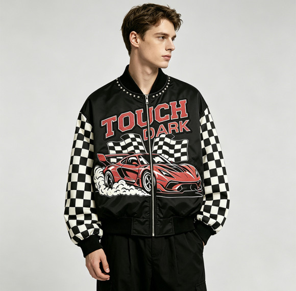 Patchwork Screen Print Applique with Rivet Jacket | Vintage Racing Jacket | Checkered Sleeve | Clothing Manufacturer