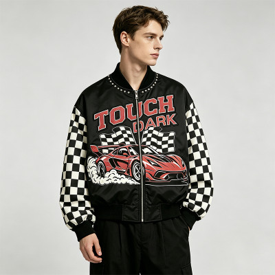 Patchwork Screen Print Applique with Rivet Jacket | Vintage Racing Jacket | Checkered Sleeve | Clothing Manufacturer